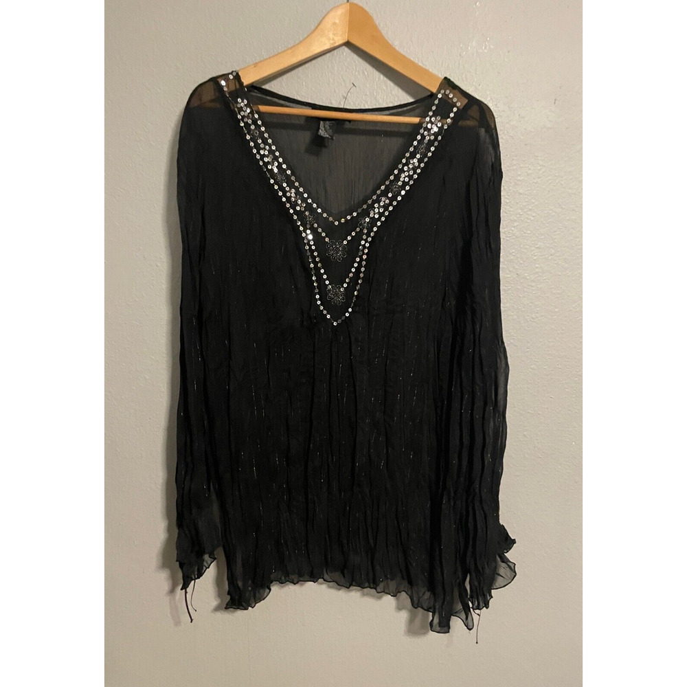 Marianne Womens Top 3X Black Chiffon Sheer Floral Embroidered Sequin Whimsigoth